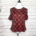 Red Plaid Ruched Sleeve Blouse Top Size Small Holiday Academia Preppy Office Photo 1