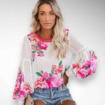 VICI Valencia Rose Printed White Pink Boho Balloon Sleeve Blouse Small | EUC Photo 0