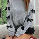 Women's Gray With Black Bows On The Sleeves Long Sleeve Sweatshirt Size XXL Photo 0