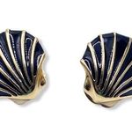 Monet VTG 80s Signed Clam Shell Clip-On Earrings Art Deco Estate Gold Tone Black Photo 0