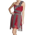 BCBGMAXAZRIA Runway Pink Lace Gray Mesh Ribbon Floral One Shoulder Dress Size 0 Photo 1