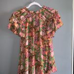 Rose + Olive Orange Pink & Green Floral Ruffle Tie Neck Short Sleeve Blouse 1X Photo 5