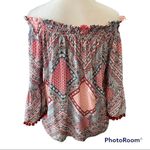 Grand & Greene off the shoulder ruffled sleeves w/ pom pom trim cute & colorful Red Size L Photo 2