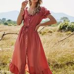 Boutique Rust Red Button Front Short Sleeve Ruffled Midi Dress Photo 2