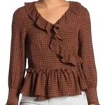 Everleigh Size Medium Brown Geometric Dot Print Wrap Ruffle Blouse Photo 0