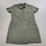 French Curve Linen Dress Womens Medium Olive Green Fringe Trim Pockets Casual Photo 7