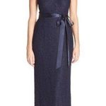 Adrianna Papell  Navy Lace V Neck Scalloped Long Cap Sleeve Gown Sz 6 Photo 0