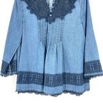 Holding Horses Anthropologie  Chambray Pleated Eyelet Boho Crochet Top Photo 4