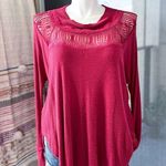 Free People Spring Valey Cranberry Red Lace Trim Long Sleeve Pullover Top Small Photo 0