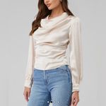 ASTR NWT  The Label Lilith Long Sleeve Cowl Neck Satin Blouse in Champagne - L Photo 1