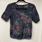 ZARA  Basic Womens Navy Blue Floral Puff Sleeve Crew Neck Blouse Size XS Photo 0