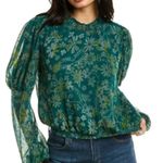 Free People  Clarrisa Floral Printed Blouse in Sea Combo Green XS Photo 0