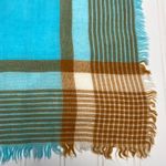 Aqua Tan Camel Plaid Square Scarf Fringe 26" Blue Photo 5