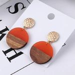Orange Wooden Geometric Earrings - Round Circle Acrylic Resin Lightweight Wood Photo 0