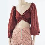 Urban Outfitters  Twist Front Crop Top Women XS Terra Cotta Embroidered Vneck $64 Photo 5