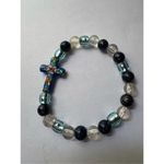 Women's Blue & Black Floral Beaded Religious Cross Bracelet Feminine Faith Boho Blue Photo 2