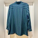 Susan Graver Navy Green Stripe Button Front Blouse LP Collared Stretch Top Photo 2