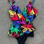 Vintage 80s 90s Neon Tropical One Piece Scoop Back Swimsuit Blue Size 16 Photo 0
