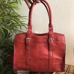 Bueno coral red leather shoulder hand bag briefcase purse silver tone buckle Photo 0