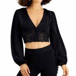 Bar III New  Lace Hem V-Neck Balloon Sleeve Crop Top Cropped Blouse Black Size XS Photo 1