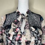 Cure. Petites Women's Floral Colorblock Lace Illusion Tie Neck Blouse Top PM Black Size undefined Photo 1