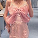 Japanese Kawaii Style Pastel Pink Bow Off Shoulder Top With Under Mini Dress Photo 0