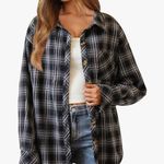 CHYRII Womens Oversized Flannel Button Down Long Sleeve Plaid Shirt Top XL Black Photo 0