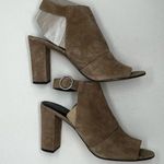 via spiga  Women's Suede Leather Tan Open Toe Buckle Sling Bootie Block Heel 10 Photo 4