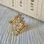 Gold & Sparkly Rhinestone Swoop Cluster Statement Cocktail Ring “Eireann” Femme Jewelry Photo 0