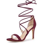 Elegant Allegra K Women's Dark Red Solid Open Toe Lace Up Stiletto Heels Pink Size 9 Photo 0