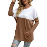 Loose Long Sleeve Color Block Pullover With Pockets Brown Camel Small Photo 3