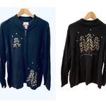 Breckenridge Vintage Christmas Sweater Cardigan Zip Trees 1X Embroidered Black Green Photo 3