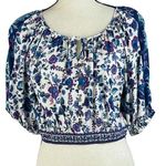 Joie  Medium Crop Top Boho Floral Balloon Sleeves Keyhole Neck Elastic Waist Blue Photo 0