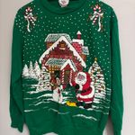 Vintage 90’s Festive Green Holiday Sweater with Santa and Snowman village size M Size M Photo 0