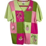 Vintage Y2K Neon Pink Green Checkered Graphic Button Down Top Cardigan Sz Large Photo 0