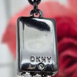 DKNY Gun Metal Crystal Chain Tassel Dangle Earrings Purple Iridescent 3.5" Prom Photo 4