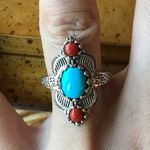 Sleeping Beauty Turquoise Coral Sterling Silver Feather Ring Size 8 Photo 0