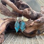 Copper metal patina leaf dangle drop earrings pearl boho artisan handcrafted Photo 2