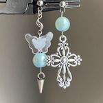 Handmade goth punk grunge style cross & glass pearl & butterfly asymmetric dangle earrings 💀🌹🦋🍃 Photo 0