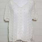 E&M Women’s Button Front‎ Large Swiss Dot White Top Short Sleeve V Photo 0