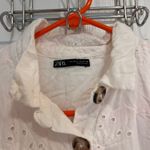 ZARA  White Eyelet Embroidered Button Front Short Sleeve Babydoll Tee Photo 3