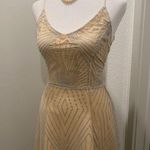 Beige Cream & Silver Glittery Art Deco Patterned Overlay Sleeveless Dress Photo 3