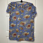 Paige Silk Floral Blouse Womens Small Semi Sheer Short Sleeve V Neck Ruffle Blue Photo 2