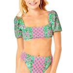 Lilly Pulitzer Ressina Pink Green Floral Square Neck Puff Sleeve Bikini Swim Top Photo 9