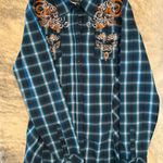 GRACE IN LA  Teal and Orange Embroidered Plaid Shirt New Without Tags Photo 0