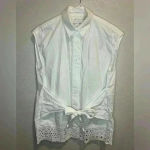 Sandro Eyelet Trim Tie Front Cotton White Blouse In Ecru Photo 1