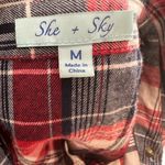 She & Sky  Classic Cotton Flannel Shirt Size Medium Red White Blue Plaid Photo 6