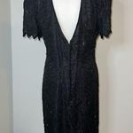 100% Silk Vintage Women’s Black Beaded Open Back MIDI Dress LARGE Photo 0