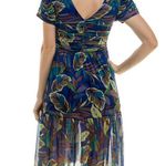 Nicole Miller Navy Blue Leaf Print Ruched Set-In Short Sleeve Knee Length Dress Photo 3