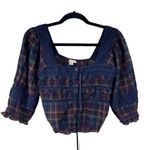 American Eagle Dark Plaid Cropped Puff Sleeve Lace Tie Top Sz M women’s Photo 0